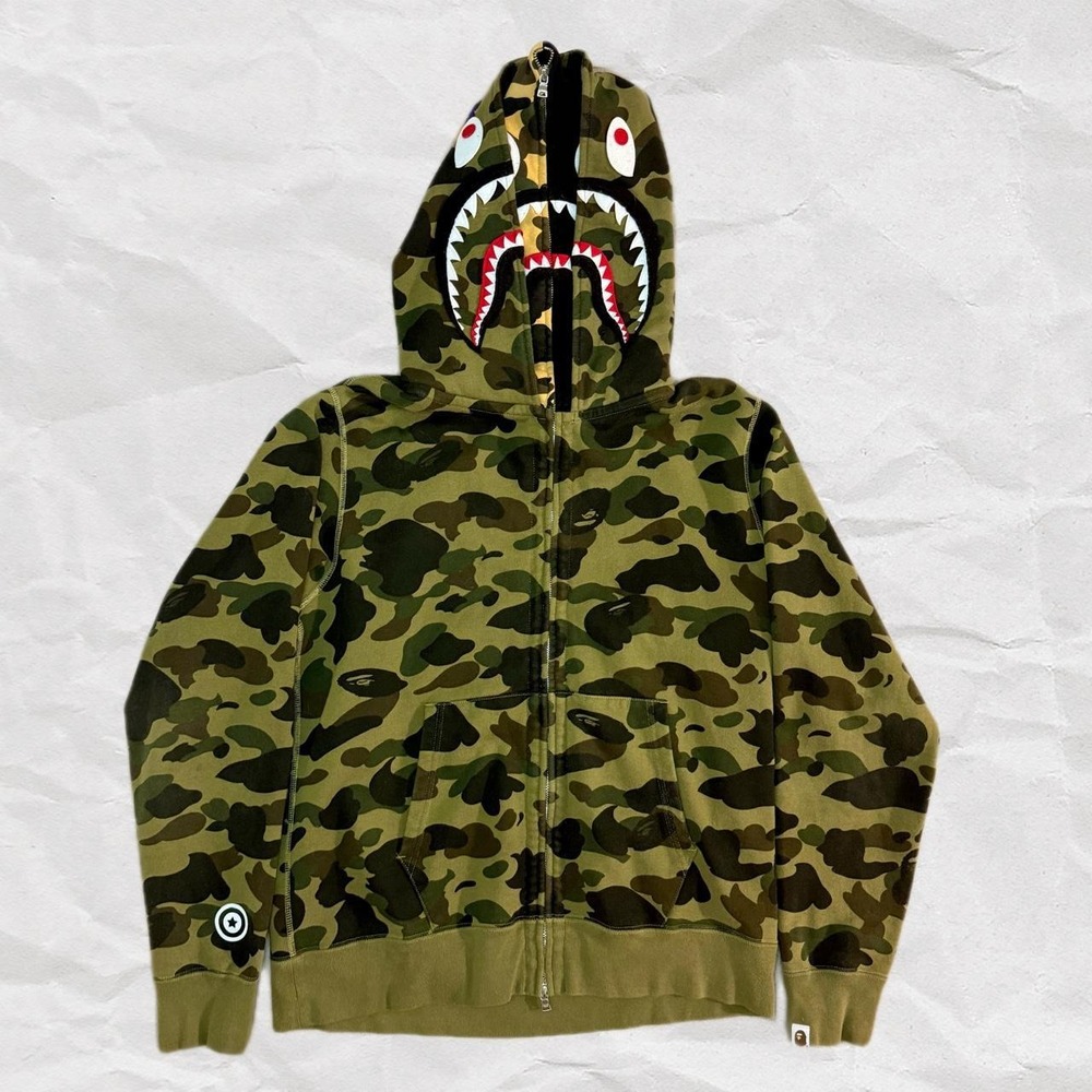 Authentic BAPE 1st Camo Green Double Shark Full Zip Hoodie XL